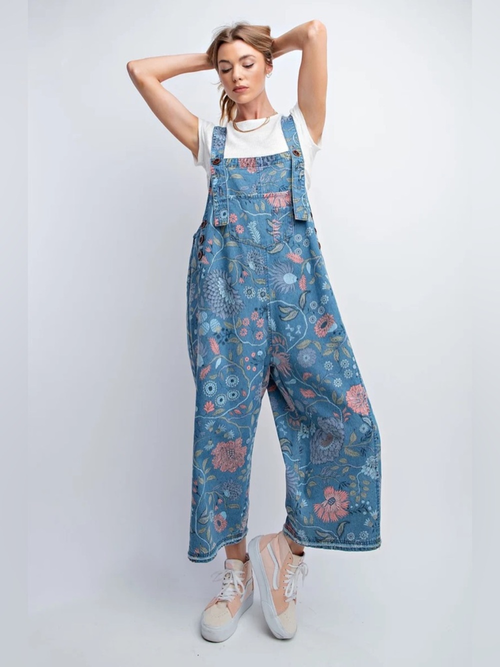 NEW Easel Oversized Floral Print Denim Overall Jumpsuit Washed Denim Size Large - Picture 1 of 11